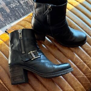 Frye Black Leather Ankle Booties with Buckle Detail